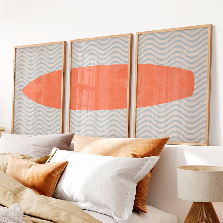 Coral Surfboard Waves vintage interior ideas - Natural Wood Framed Poster No Border - Artworksets