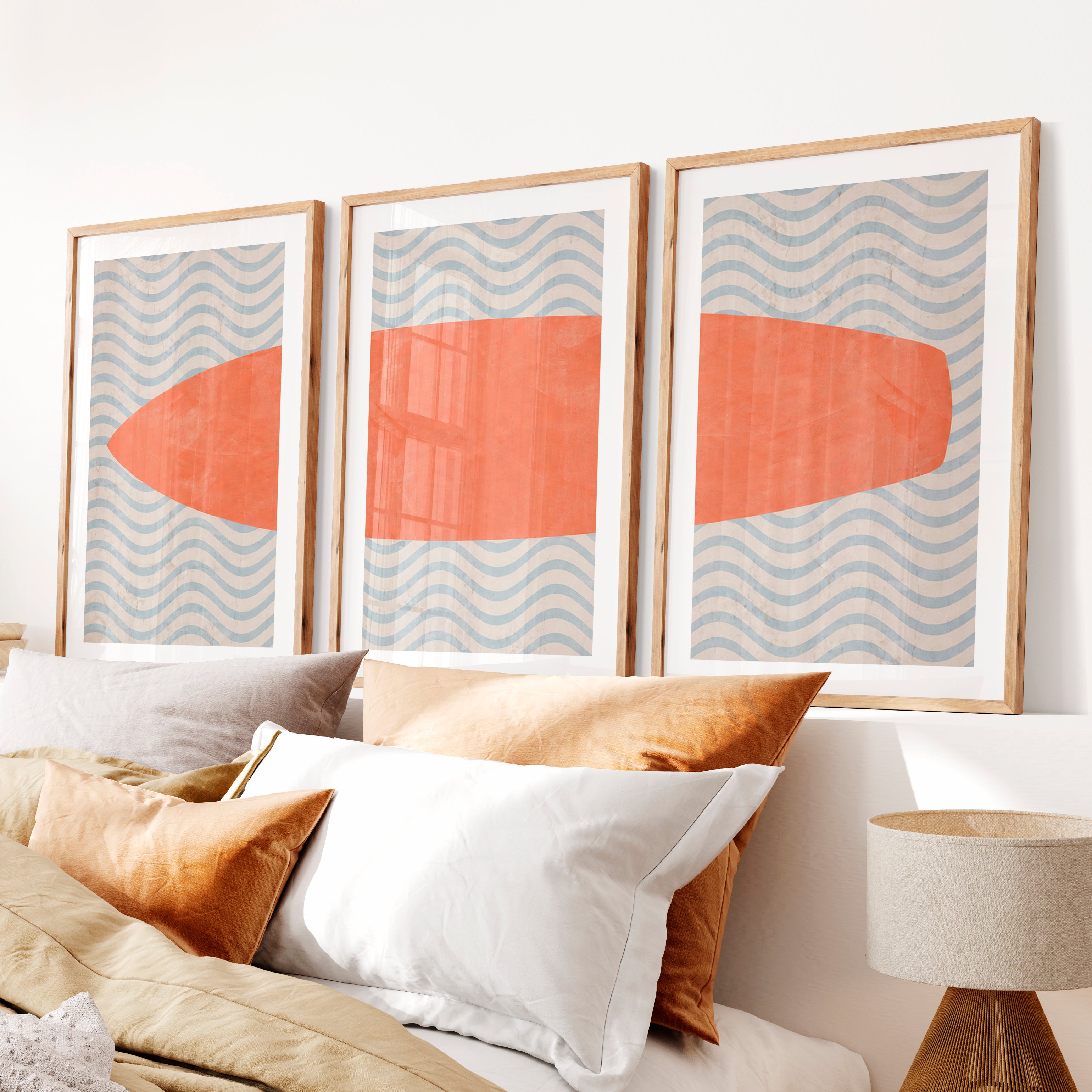 Coral Surfboard Waves vintage interior ideas- Natural Wood Framed Poster with White Border - Artworksets