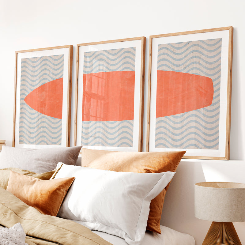 Coral Surfboard Waves vintage interior ideas- Natural Wood Framed Poster with White Border - Artworksets