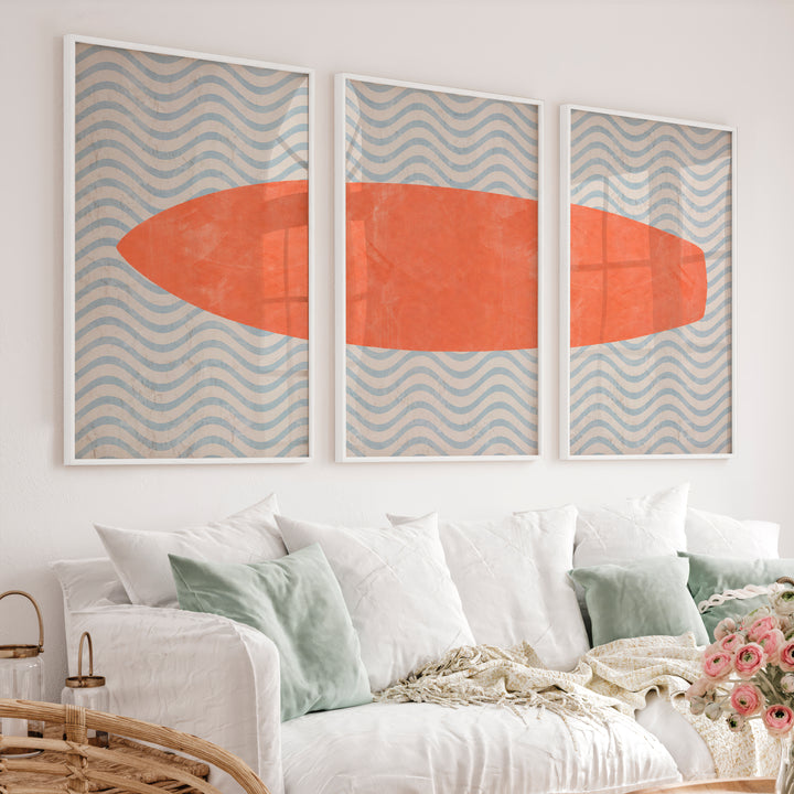 Coral Surfboard Waves vintage interior ideas - White Framed Poster No Border - Artworksets