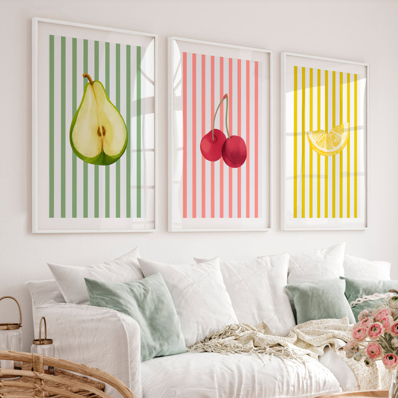 Striped Fruit Study vintage interior Art - White Framed Poster with White Border - Artworksets