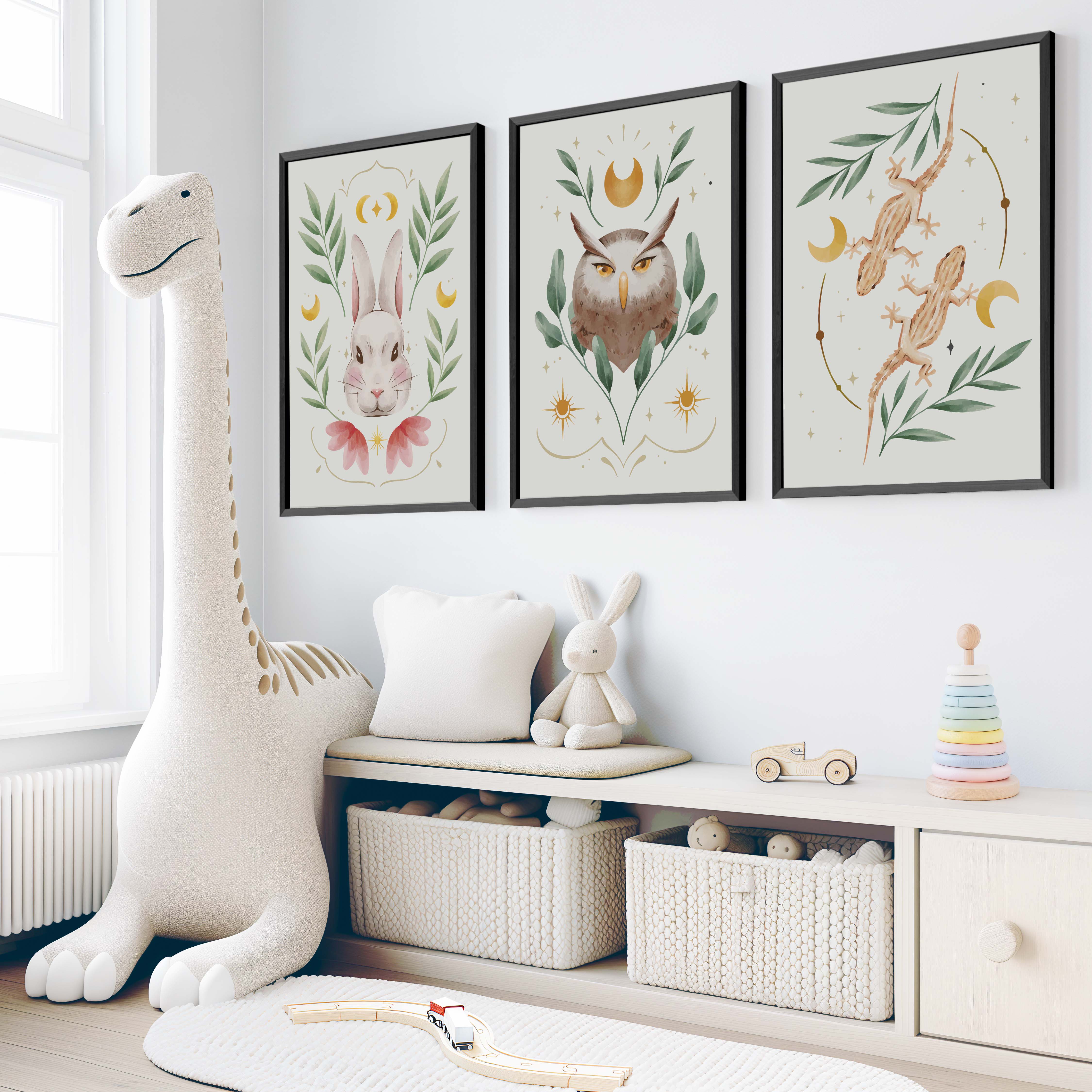 Vintage Nursery Art – Animal & Moon Wall Prints (3 Pieces) - Black Framed Poster No Border - Artworksets