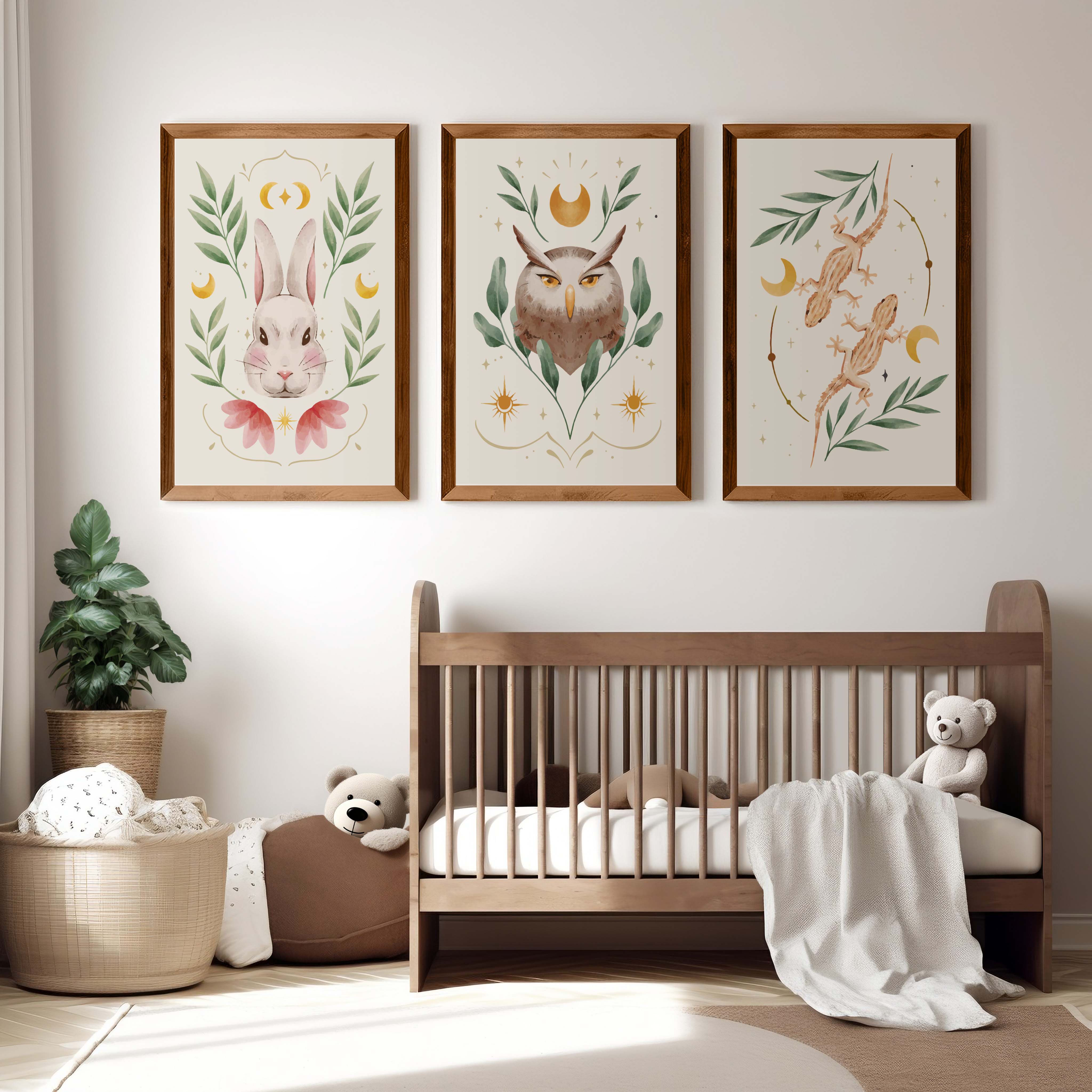 Vintage Nursery Art – Animal & Moon Wall Prints (3 Pieces) - Dark Brown Framed Poster No Border - Artworksets