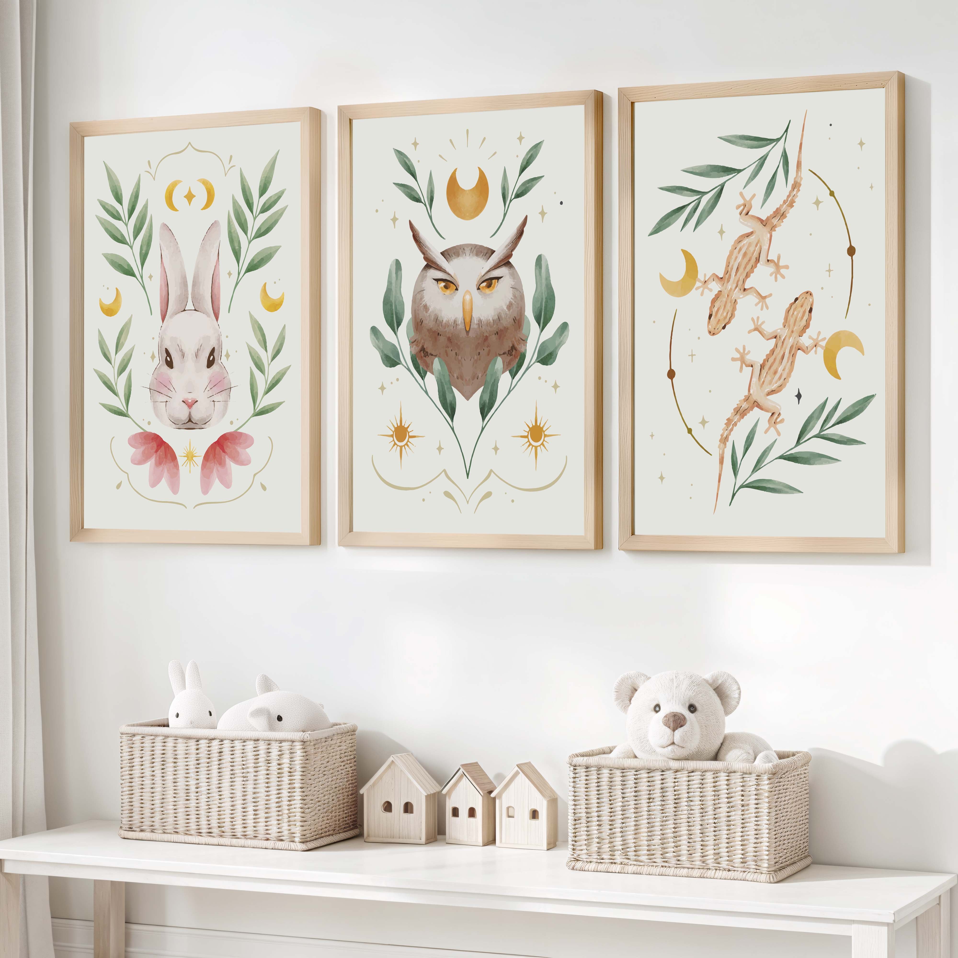 Vintage Nursery Art – Animal & Moon Wall Prints (3 Pieces) - Natural Wood Framed Poster No Border - Artworksets