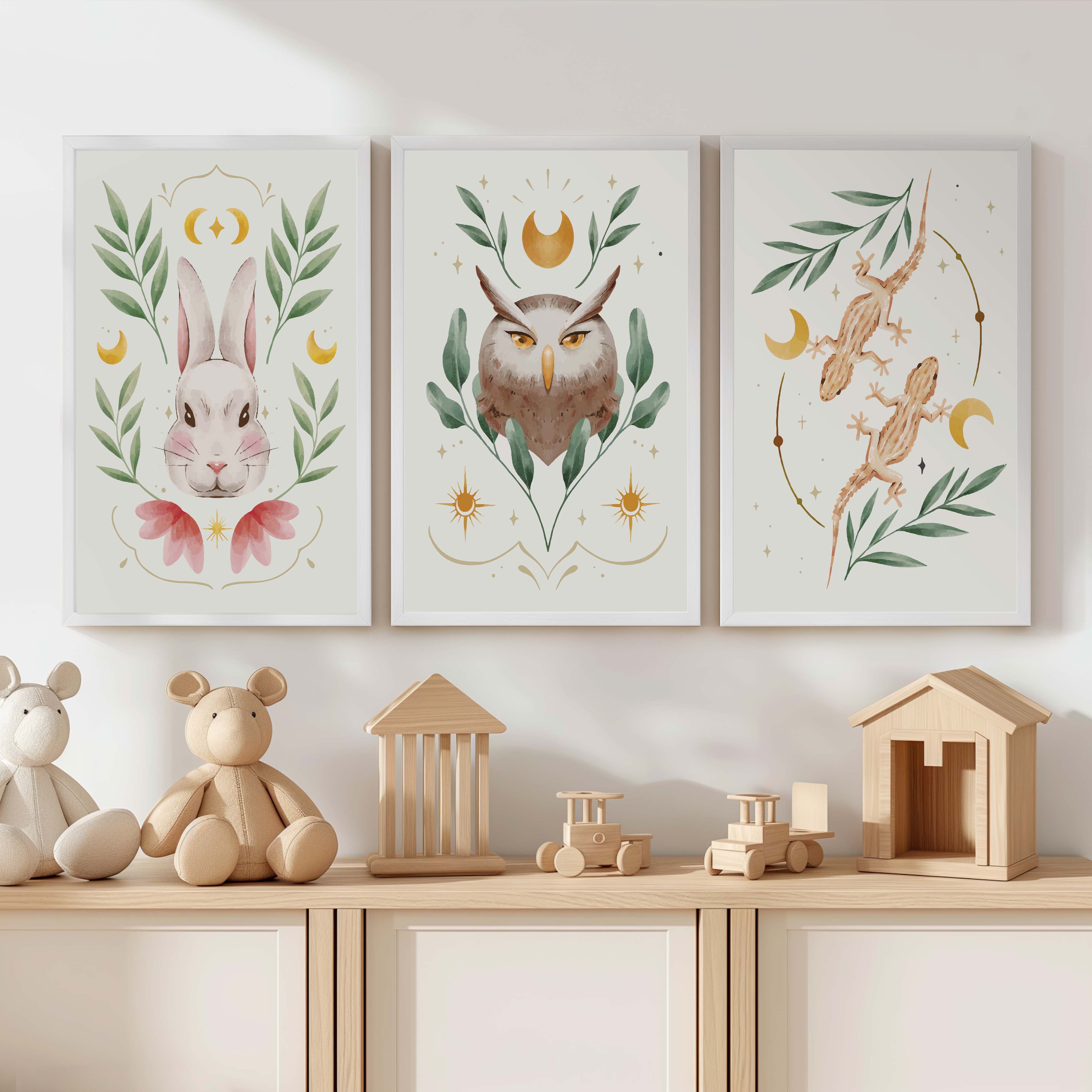 Vintage Nursery Art – Animal & Moon Wall Prints (3 Pieces) - White Framed Poster No Border - Artworksets