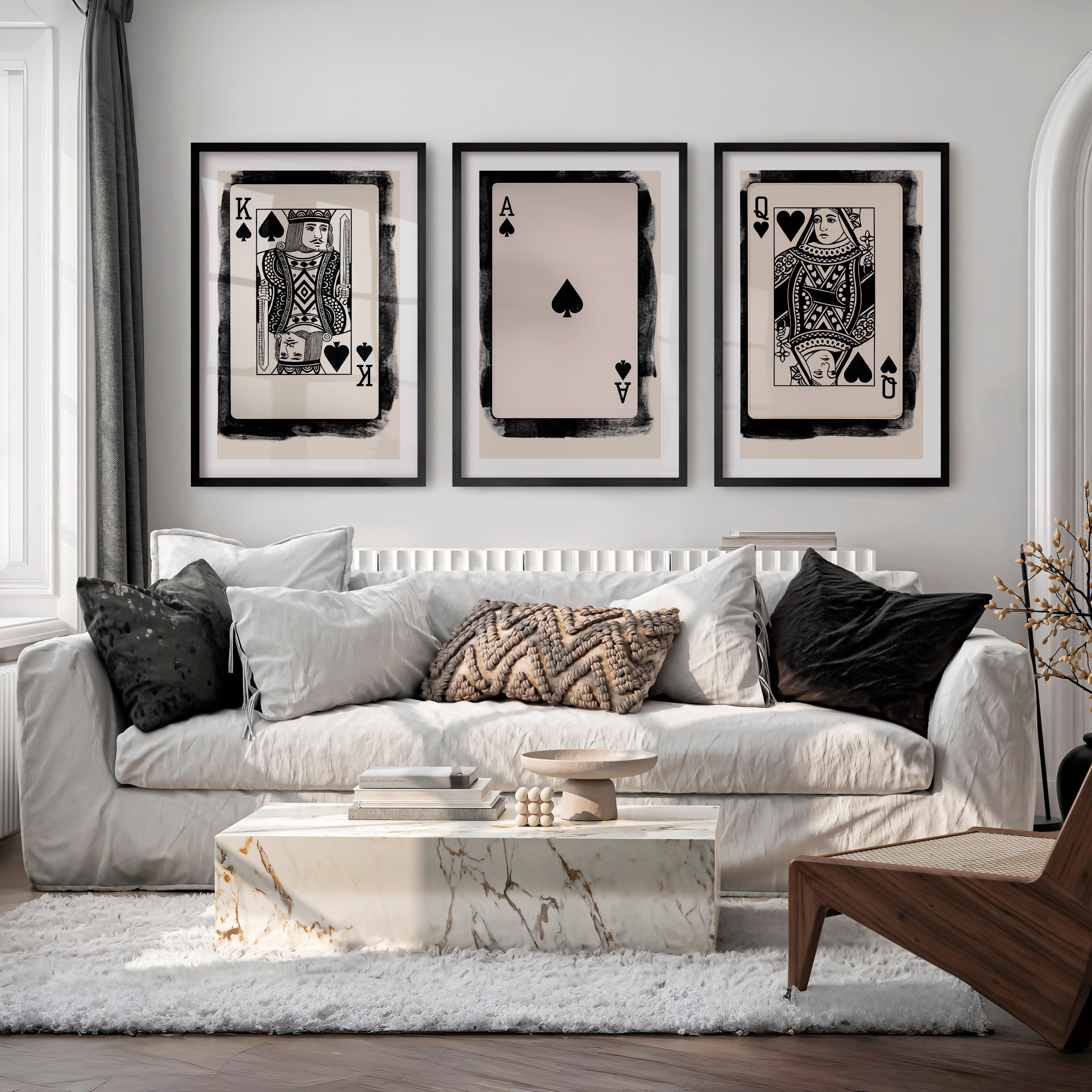 Playing Card Trio Vintage Picture Wall Art - Black Framed Poster with White Border - Artworksets