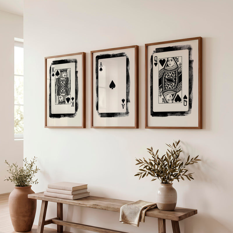 Playing Card Trio Vintage Picture Wall Art - Dark Brown Framed Poster No Border - Artworksets