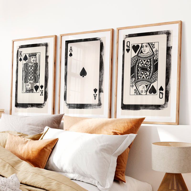Playing Card Trio Vintage Picture Wall Art- Natural Wood Framed Poster with White Border - Artworksets