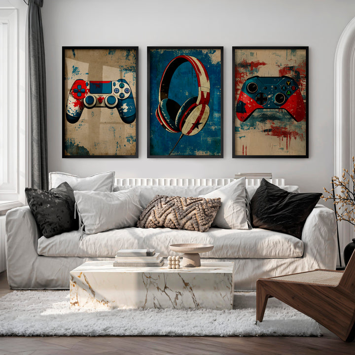 Gaming Controller and Headphones vintage poster art - Black Framed Poster No Border - Artworksets