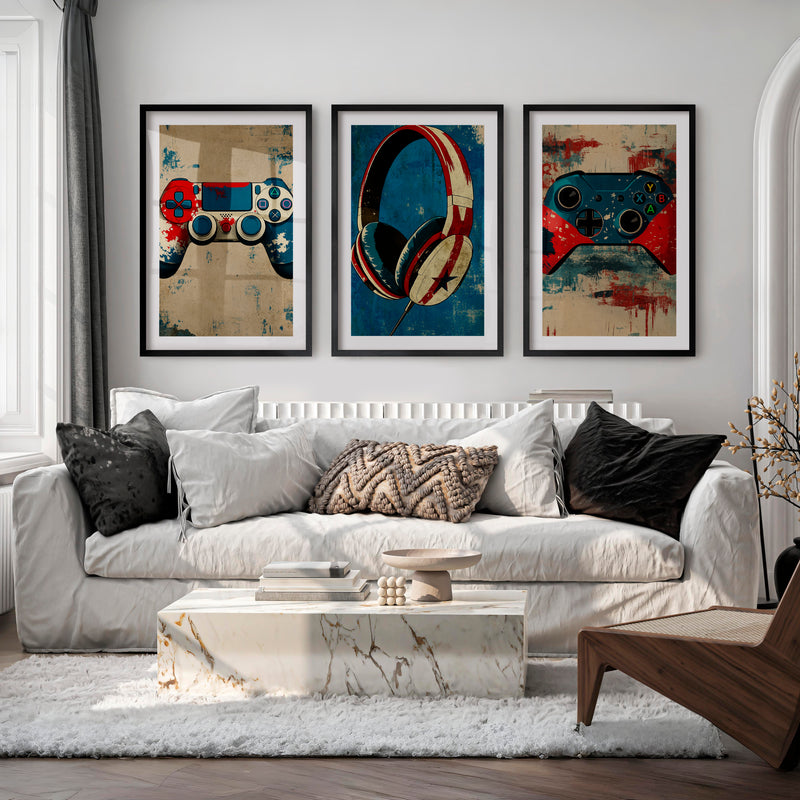 Gaming Controller and Headphones vintage poster art - Black Framed Poster with White Border - Artworksets
