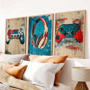 Gaming Controller and Headphones vintage poster art - Natural Wood Framed Poster No Border - Artworksets