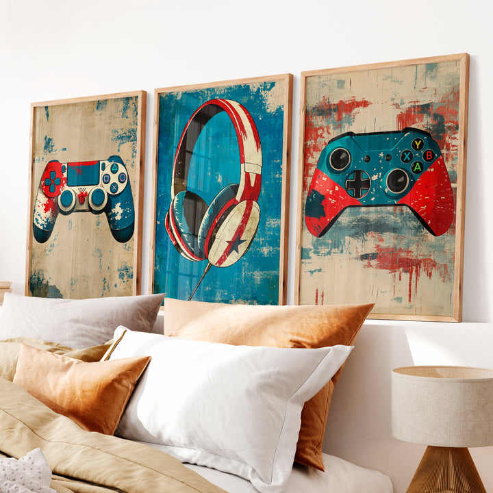 Gaming Controller and Headphones vintage poster art - Natural Wood Framed Poster No Border - Artworksets