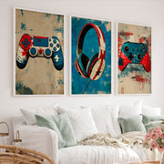 Gaming Controller and Headphones vintage poster art - White Framed Poster No Border - Artworksets