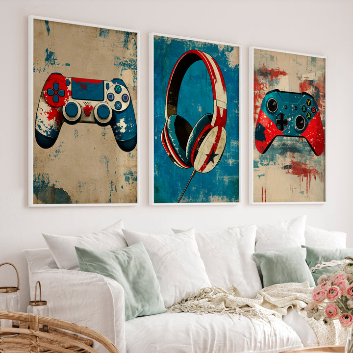 Gaming Controller and Headphones vintage poster art - White Framed Poster No Border - Artworksets
