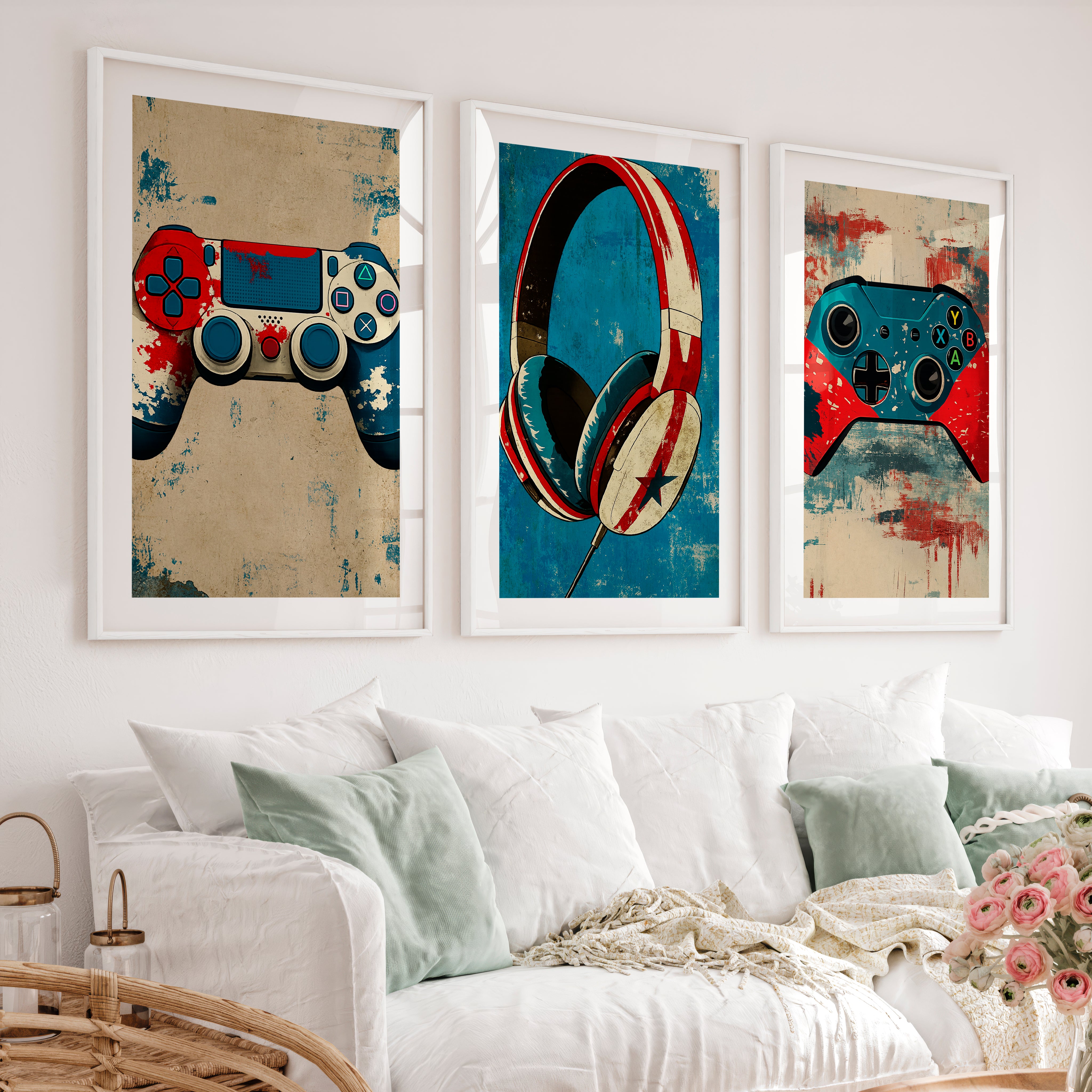 Gaming Controller and Headphones vintage poster art - White Framed Poster with White Border - Artworksets