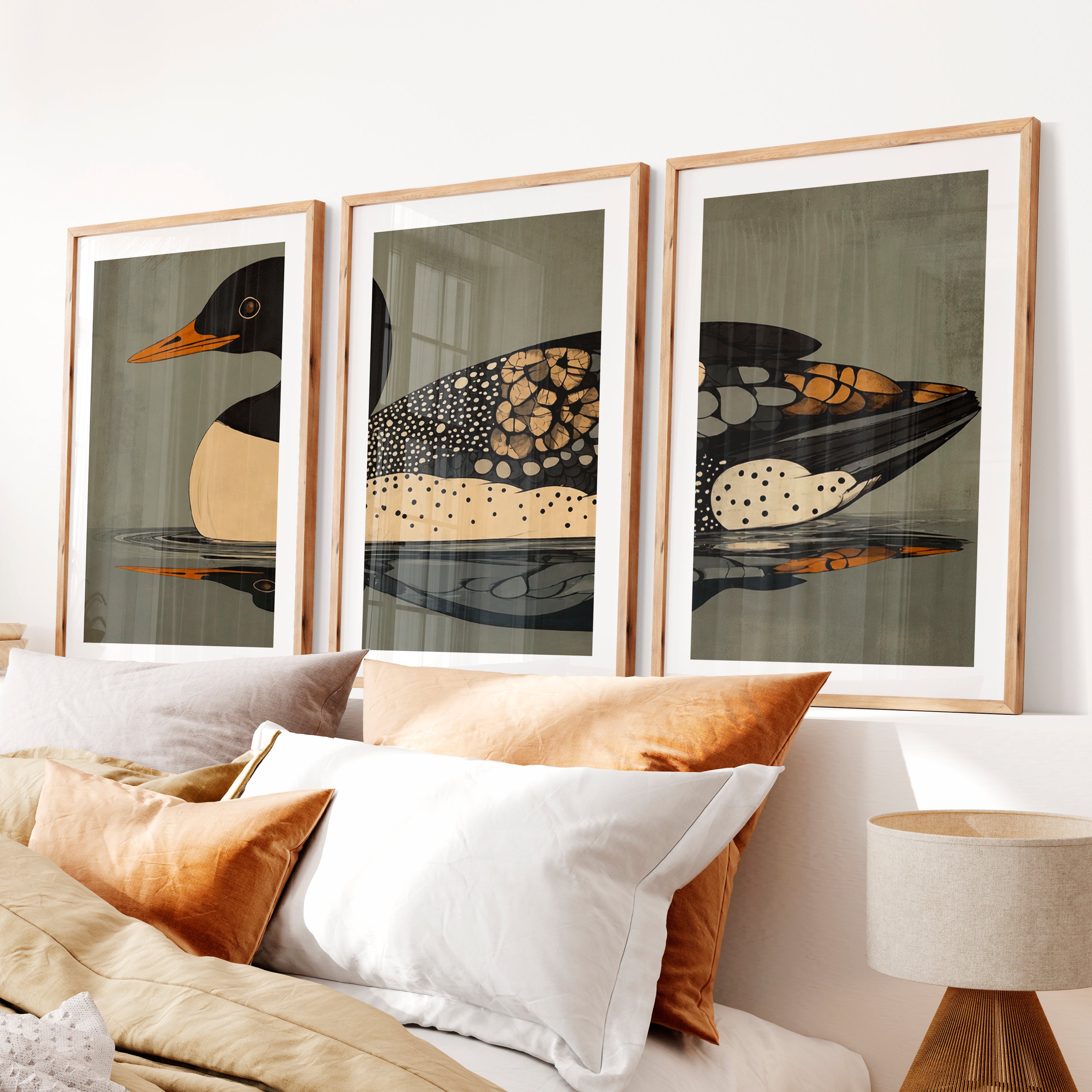 Waterbird Reflection vintage poster art prints- Natural Wood Framed Poster with White Border - Artworksets