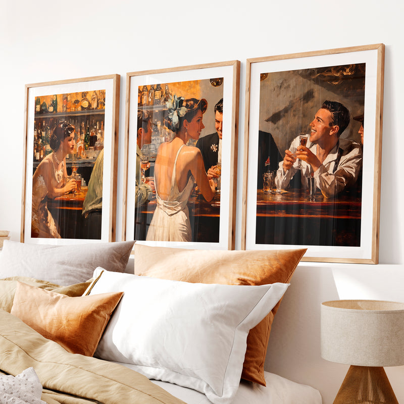 Cocktail Bar Vintage Poster Artwork- Natural Wood Framed Poster with White Border - Artworksets