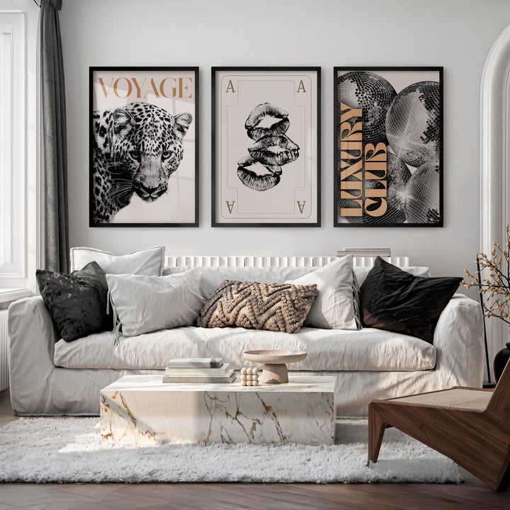 Modern Vintage Poster Featuring Leopard, Lip Prints, and Disco Balls - Black Framed Poster No Border - Artworksets
