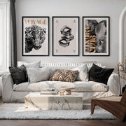 Modern Vintage Poster Featuring Leopard, Lip Prints, and Disco Balls - Black Framed Poster with White Border - Artworksets