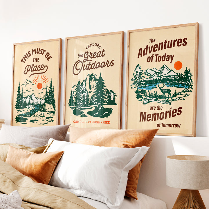 The Must Be The Place Vintage Poster Featuring Mountain and River - Natural Wood Framed Poster No Border - Artworksets