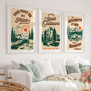 The Must Be The Place Vintage Poster Featuring Mountain and River - White Framed Poster with White Border - Artworksets