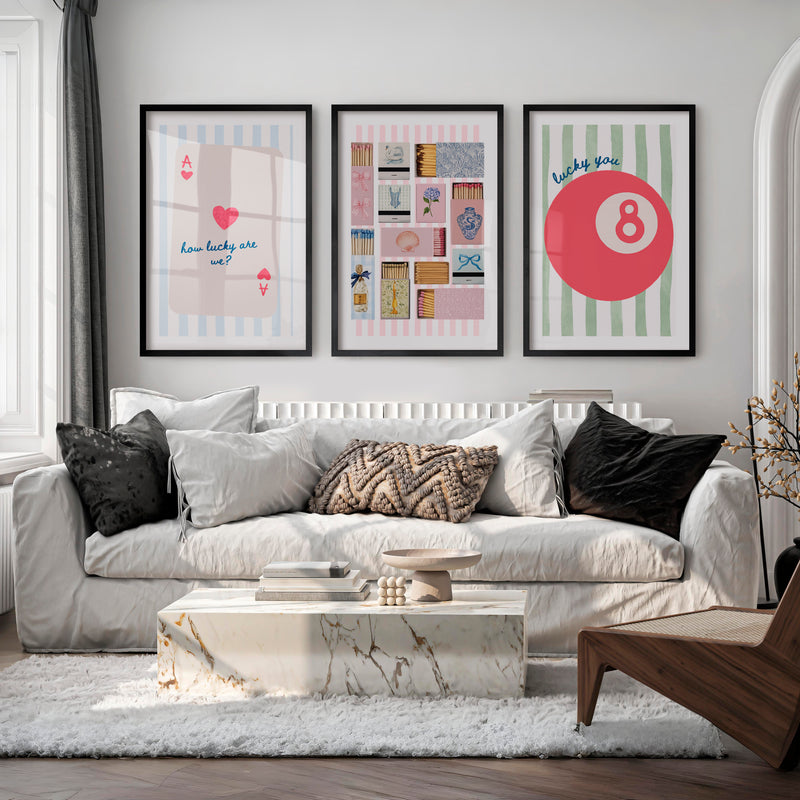 Lucky Pastel 8 Ball vintage posters for room - Black Framed Poster with White Border - Artworksets