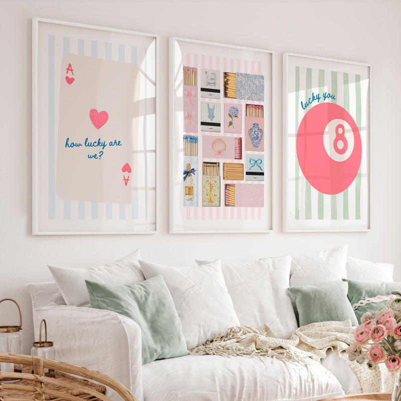Lucky Pastel 8 Ball vintage posters for room - White Framed Poster with White Border - Artworksets