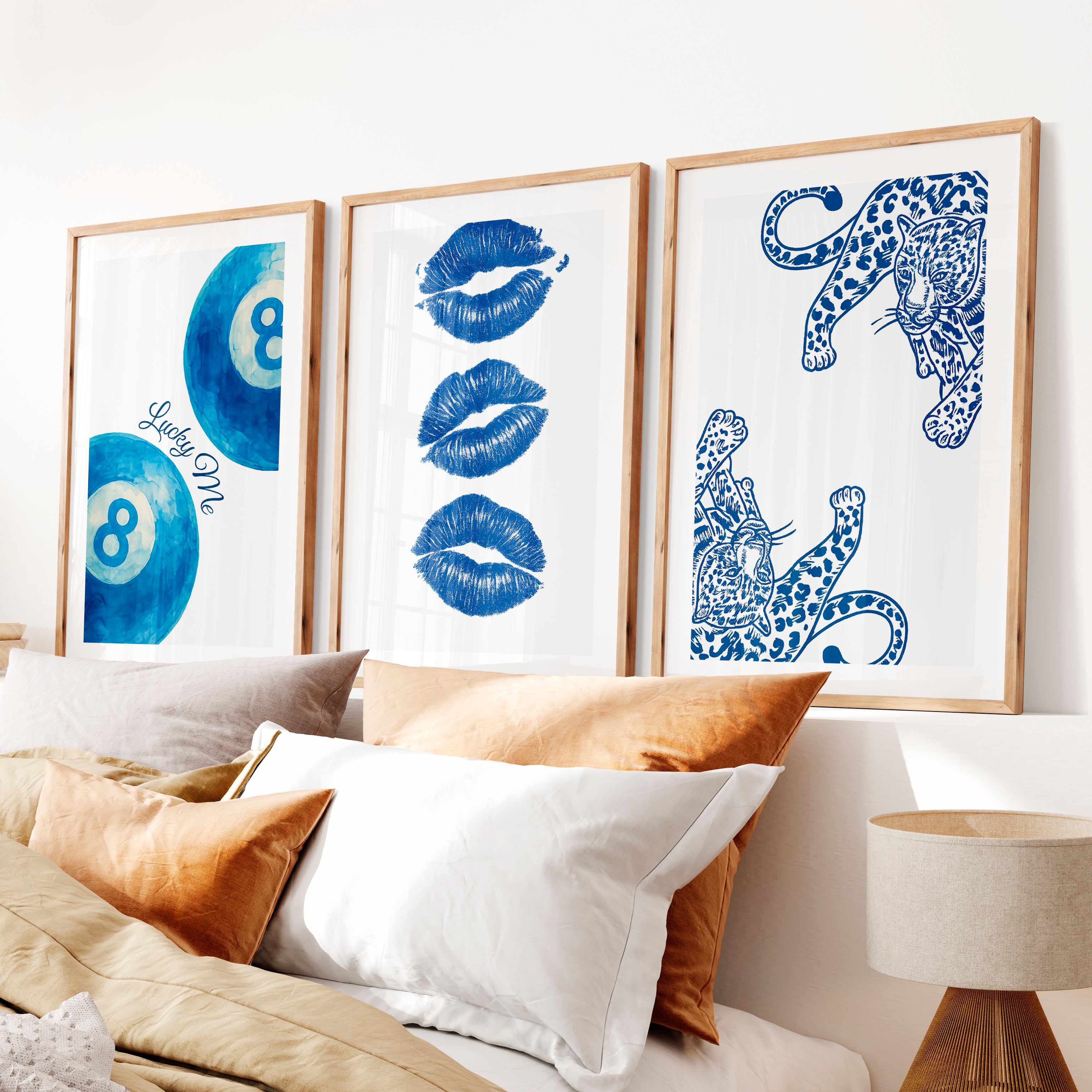 Blue Lucky 8 Ball vintage posters wall art- Natural Wood Framed Poster with White Border - Artworksets