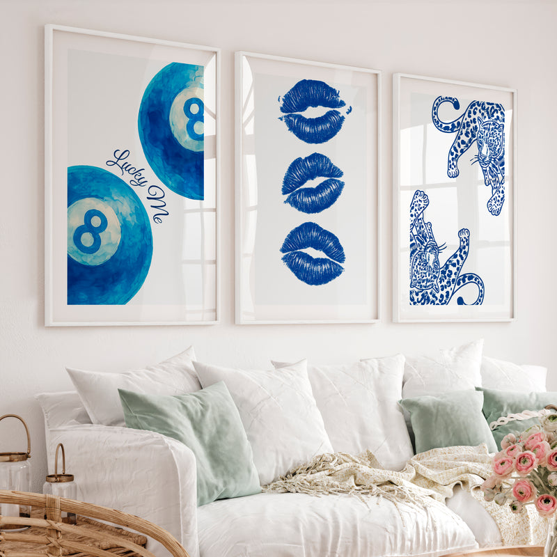 Blue Lucky 8 Ball vintage posters wall art - White Framed Poster with White Border - Artworksets