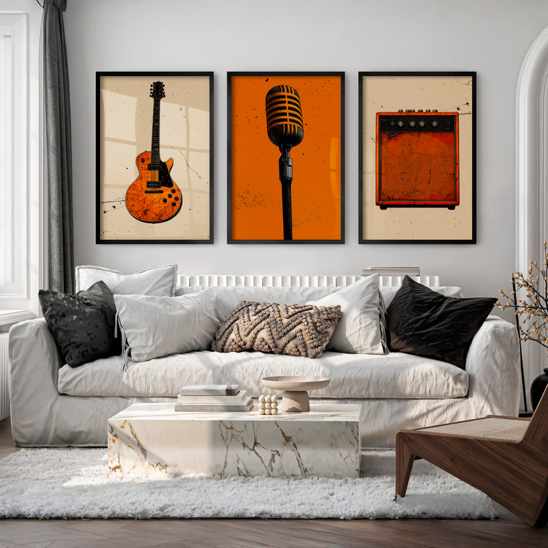 Vintage Prints Wall Art with Guitar and Studio Microphone - Black Framed Poster No Border - Artworksets