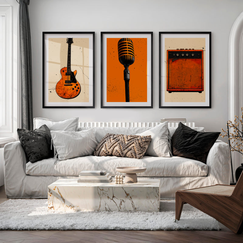 Vintage Prints Wall Art with Guitar and Studio Microphone - Black Framed Poster with White Border - Artworksets