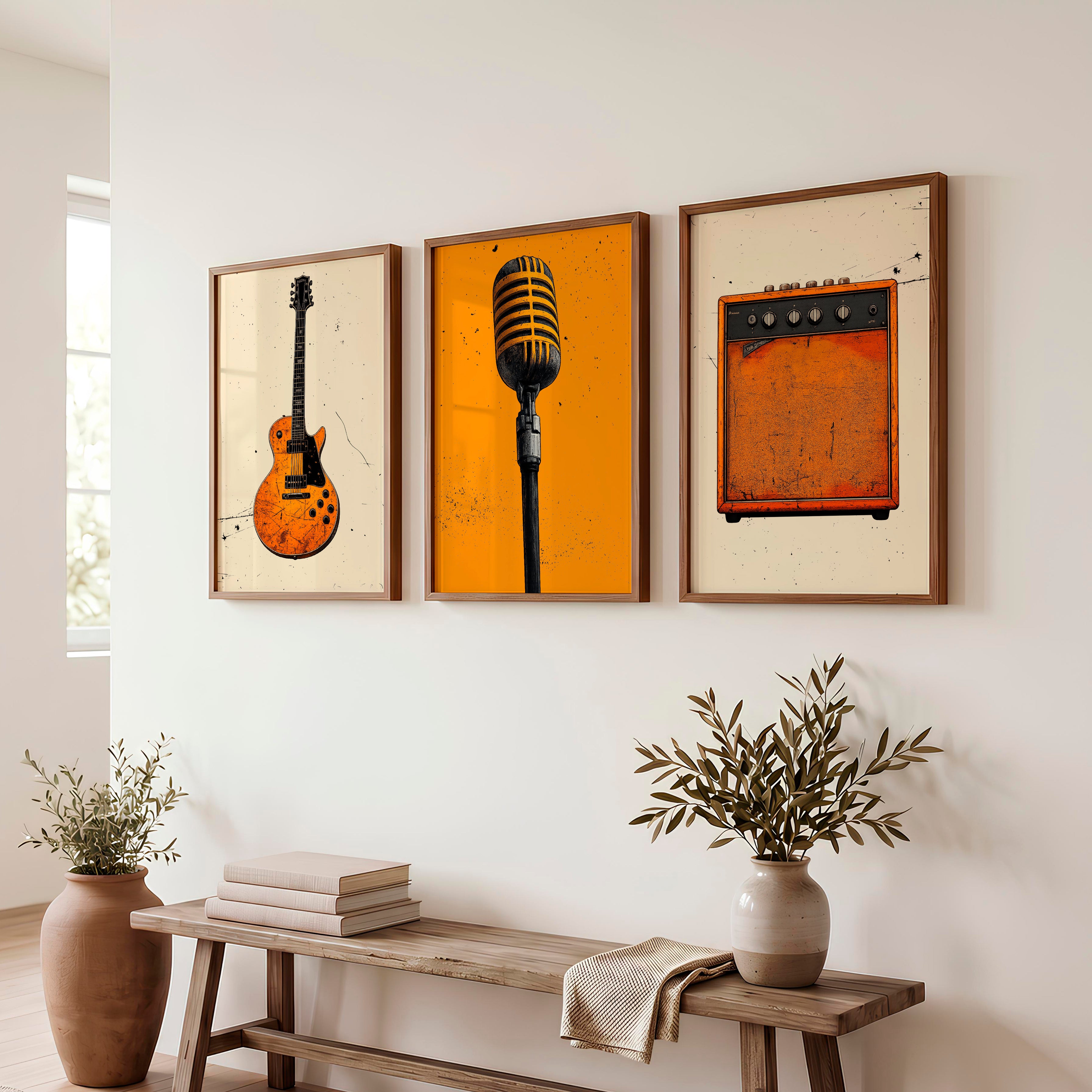 Vintage Prints Wall Art with Guitar and Studio Microphone - Dark Brown Framed Poster No Border - Artworksets