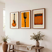 Vintage Prints Wall Art with Guitar and Studio Microphone - Dark Brown Framed Poster with White Border - Artworksets