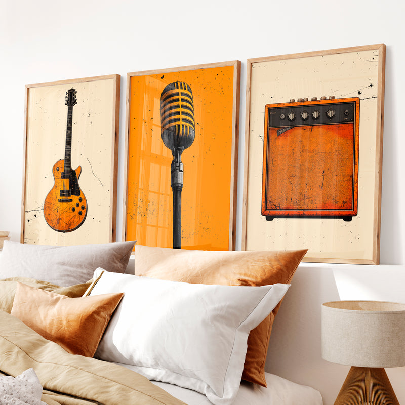 Vintage Prints Wall Art with Guitar and Studio Microphone - Natural Wood Framed Poster No Border - Artworksets