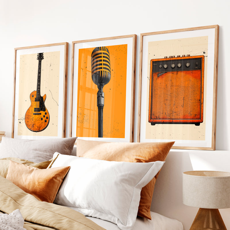 Vintage Prints Wall Art with Guitar and Studio Microphone- Natural Wood Framed Poster with White Border - Artworksets