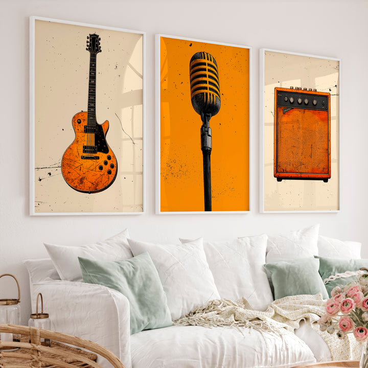 Vintage Prints Wall Art with Guitar and Studio Microphone - White Framed Poster No Border - Artworksets