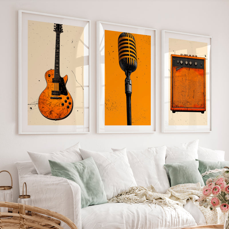 Vintage Prints Wall Art with Guitar and Studio Microphone - White Framed Poster with White Border - Artworksets