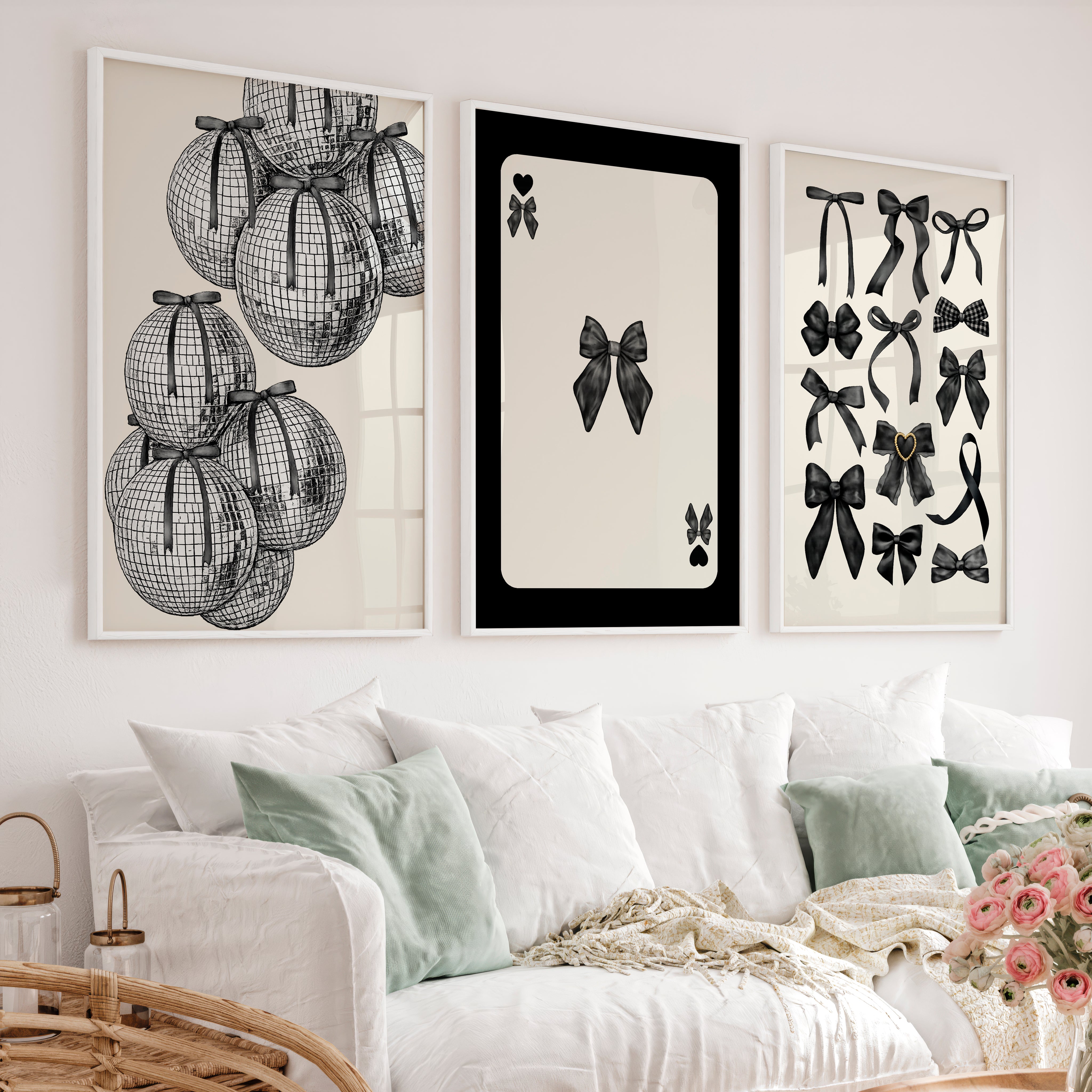 Black Bow and Disco Ball vintage retro art prints - White Framed Poster No Border - Artworksets