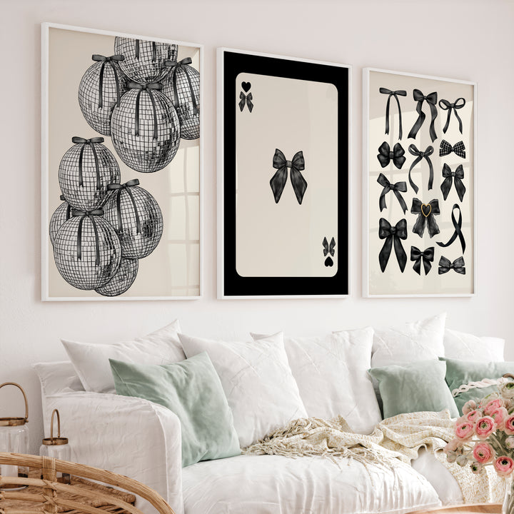 Black Bow and Disco Ball vintage retro art prints - White Framed Poster No Border - Artworksets