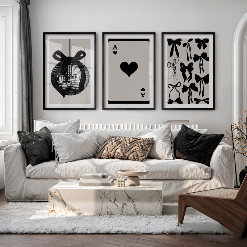 Black Bow Disco Ball vintage retro artwork with Ace Heart Card - Black Framed Poster with White Border - Artworksets