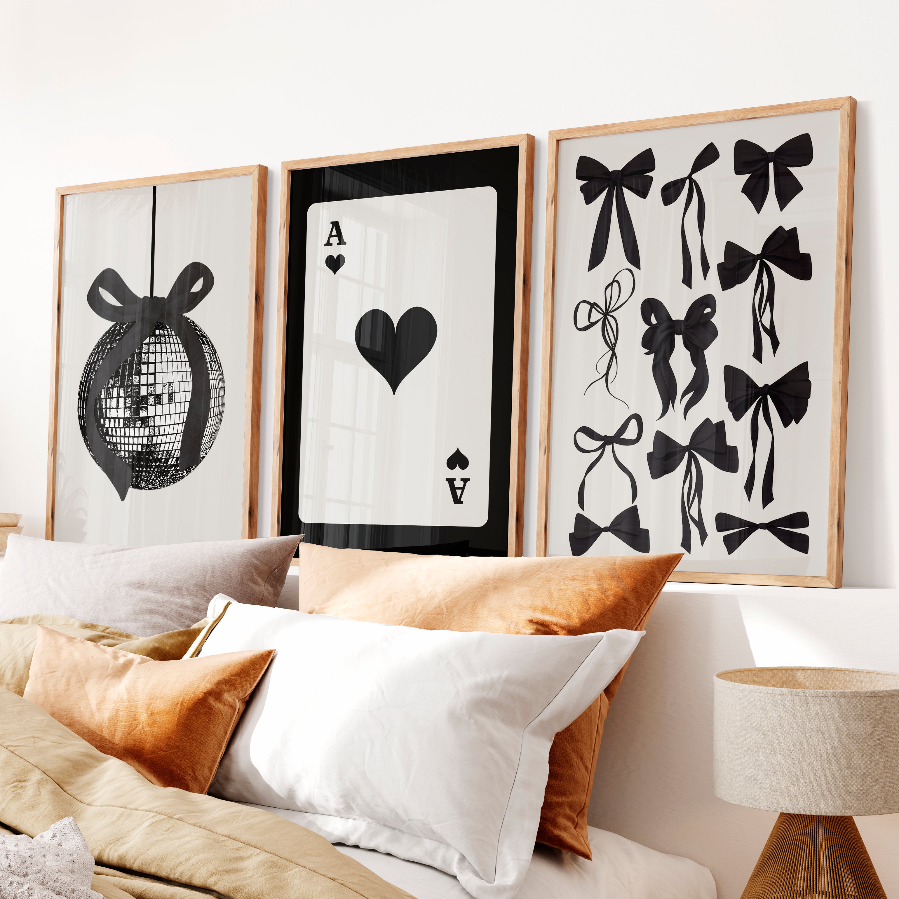 Black Bow Disco Ball vintage retro artwork with Ace Heart Card - Natural Wood Framed Poster No Border - Artworksets