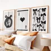 Black Bow Disco Ball vintage retro artwork with Ace Heart Card- Natural Wood Framed Poster with White Border - Artworksets