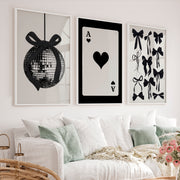Black Bow Disco Ball vintage retro artwork with Ace Heart Card - White Framed Poster No Border - Artworksets