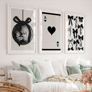 Black Bow Disco Ball vintage retro artwork with Ace Heart Card - White Framed Poster with White Border - Artworksets