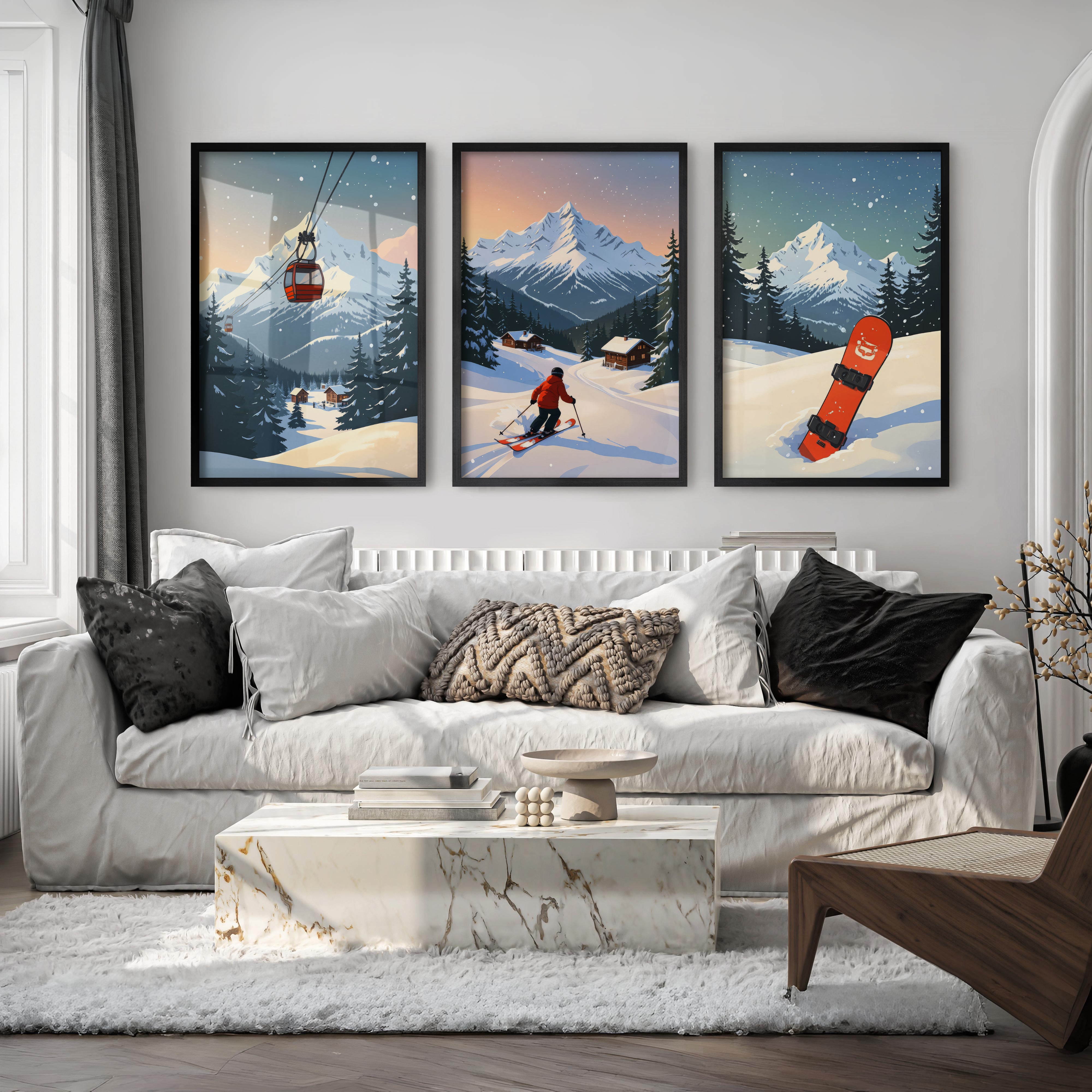 Vintage Ski Poster Set of 3. Snowboard, Skier & Ski Lift Wall Art - Black Framed Poster No Border - Artworksets