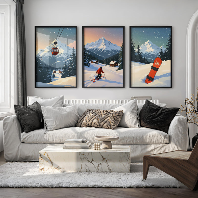 Vintage Ski Poster Set of 3. Snowboard, Skier & Ski Lift Wall Art - Black Framed Poster No Border - Artworksets