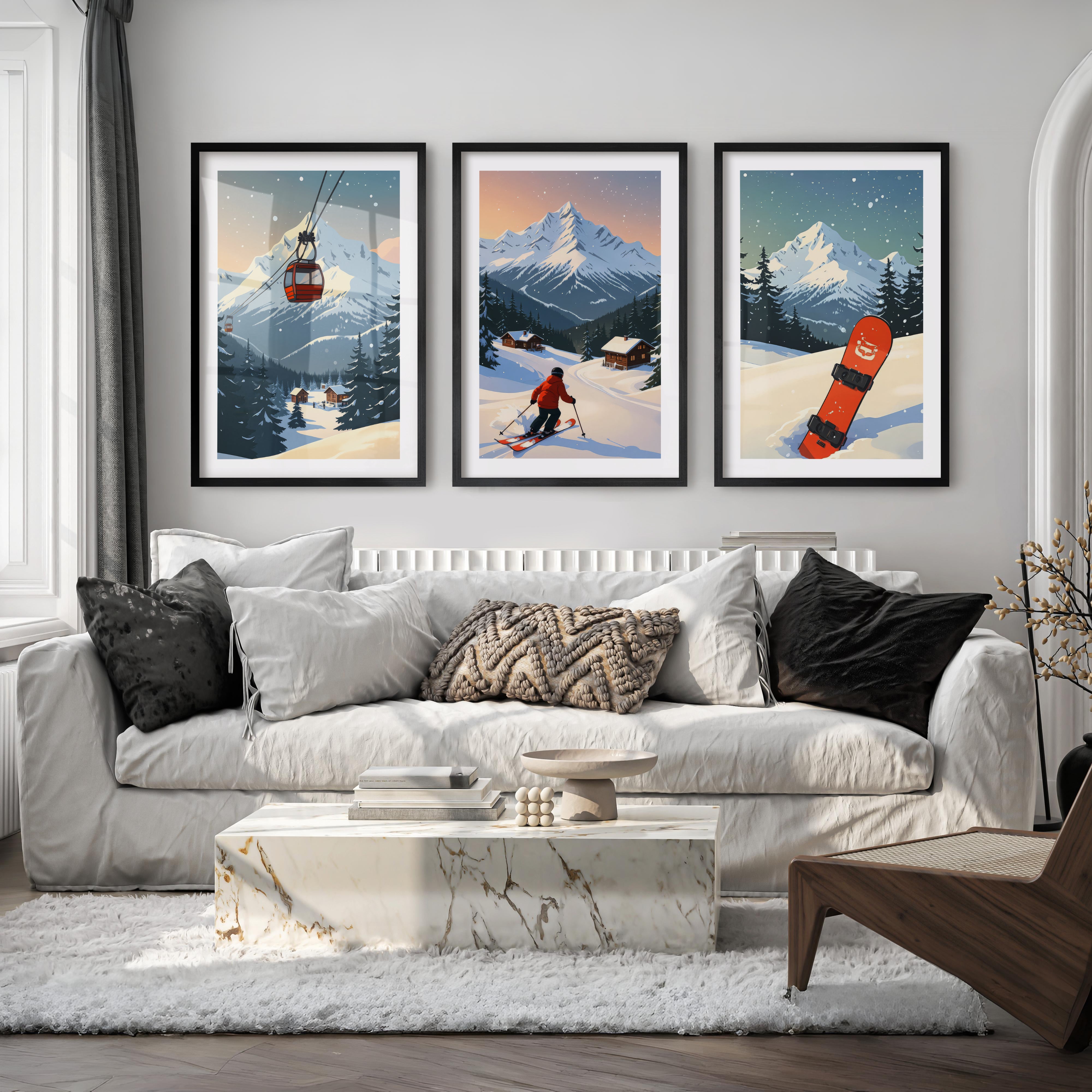 Vintage Ski Poster Set of 3. Snowboard, Skier & Ski Lift Wall Art - Black Framed Poster with White Border - Artworksets