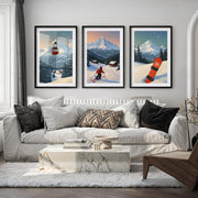 Vintage Ski Poster Set of 3. Snowboard, Skier & Ski Lift Wall Art - Black Framed Poster with White Border - Artworksets