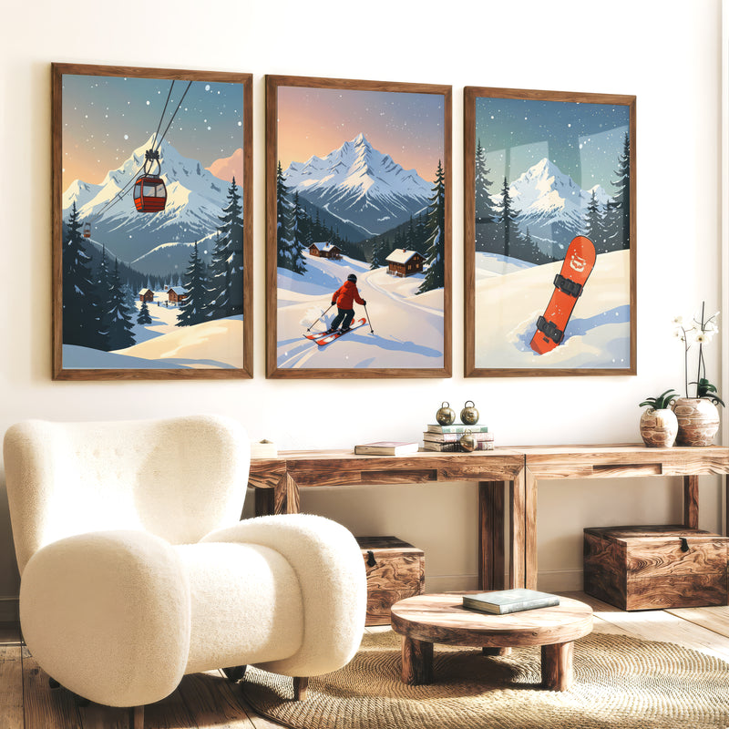 Vintage Ski Poster Set of 3. Snowboard, Skier & Ski Lift Wall Art - Dark Brown Framed Poster No Border - Artworksets