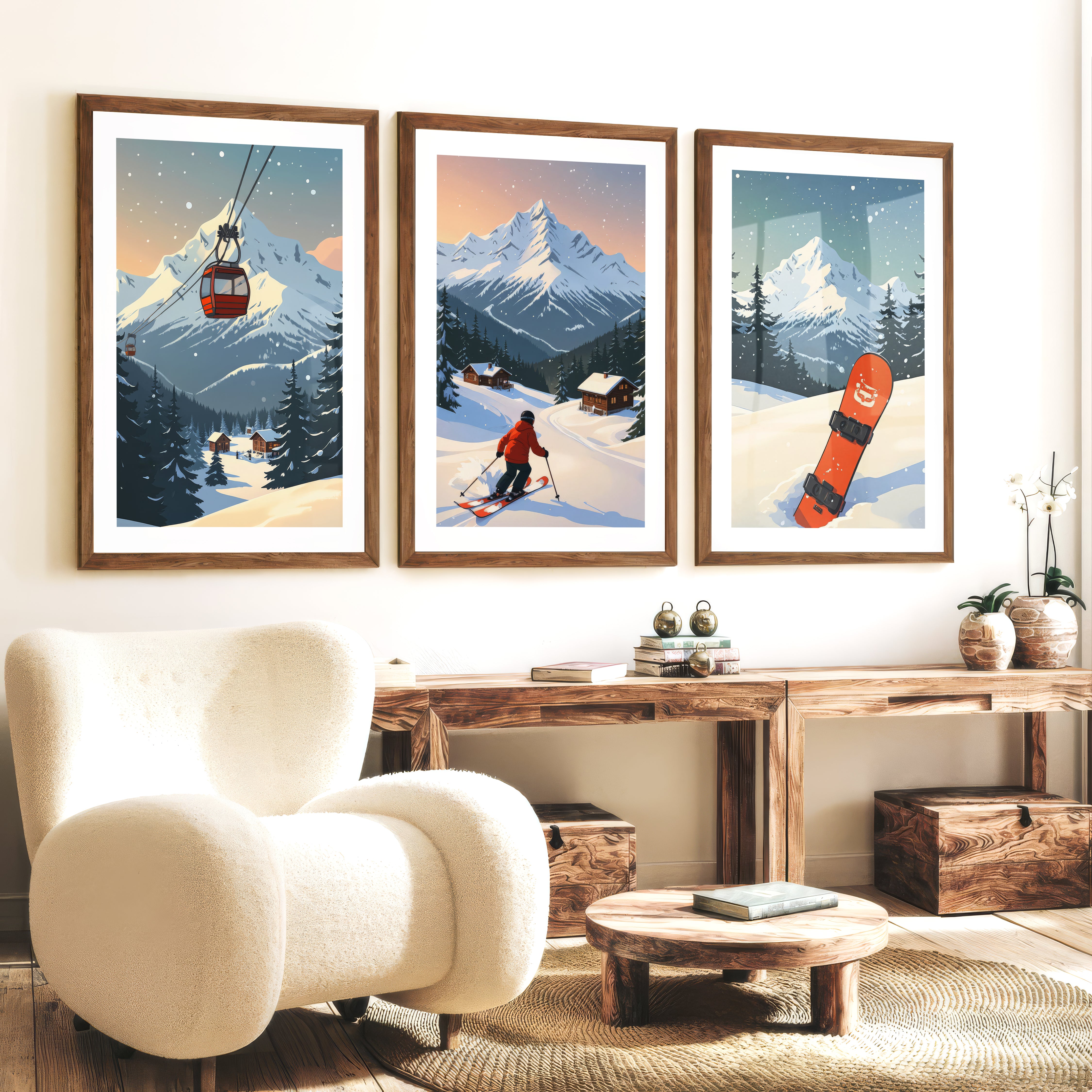 Vintage Ski Poster Set of 3. Snowboard, Skier & Ski Lift Wall Art - Dark Brown Framed Poster with White Border - Artworksets